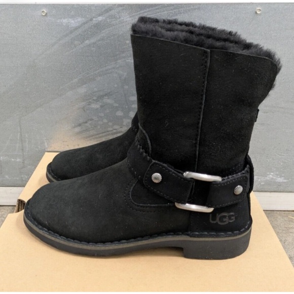 UGG Cedric Water Resistant Black Suede Sheepskin Buckle Boots Size 6 NEW - Picture 6 of 15